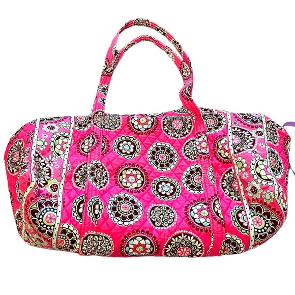 Vera Bradley Large Quilted Duffle Bag Pink Floral Paisley Long Handles, Zip Top - Picture 10 of 11